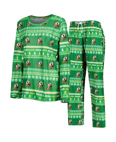 Concepts Sport Women's 2-piece Green Oregon Ducks Holiday Long Sleeve Top And Pants Sleep Set