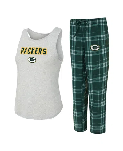 Concepts Sport Women's 2-piece Heather Gray/green Bay Packers Regulate Plaid Tank Top And Pants Sleep Set In Multi