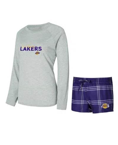 Concepts Sport Women's 2-piece Los Angeles Lakers Petition Long Sleeve Top And Shorts Set In Gray