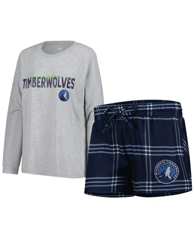 Concepts Sport Women's 2-piece Minnesota Timberwolves Petition Long Sleeve Top And Shorts Set In Navy,gray