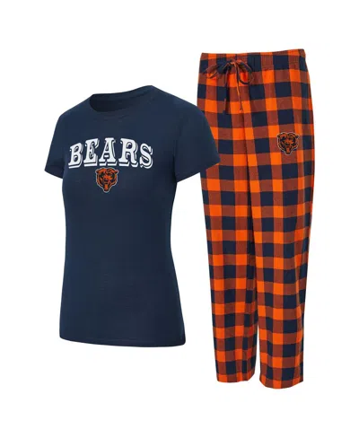 Concepts Sport Women's 2-piece Navy/orange Chicago Bears Avondale T-shirt And Pants Flannel Pajama Set In Blue