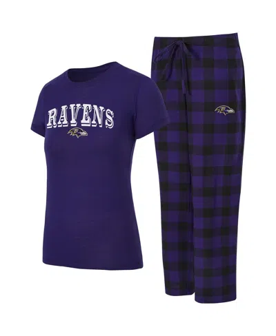 Concepts Sport Women's 2-piece Purple/black Baltimore Ravens Avondale T-shirt And Pants Flannel Pajama Set In Blue