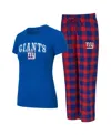 Concepts Sport Women's 2-piece Royal/red New York Giants Avondale T-shirt And Pants Flannel Pajama Set In Blue