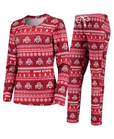 CONCEPTS SPORT WOMEN'S 2-PIECE SCARLET OHIO STATE BUCKEYES HOLIDAY LONG SLEEVE TOP AND PANTS SLEEP SET