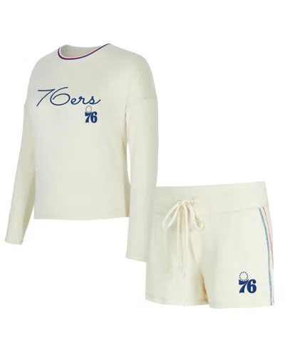 Concepts Sport Women's 2-piece Cream Philadelphia 76ers Kaki Hacci Knit Long Sleeve Top And Shorts Set In Neutral