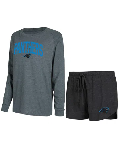 Concepts Sport Women's Black/charcoal Carolina Panthers Raglan Long Sleeve Top Shorts Lounge Set In Gray