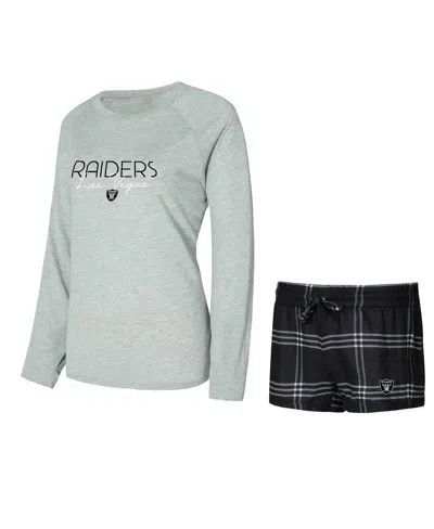 CONCEPTS SPORT WOMEN'S BLACK/GRAY LAS VEGAS RAIDERS PETITION RAGLAN LONG SLEEVE TOP AND SHORTS SET