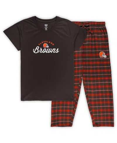CONCEPTS SPORT WOMEN'S BROWN CLEVELAND BROWNS PLUS SIZE BADGE T-SHIRT FLANNEL PANTS SLEEP SET