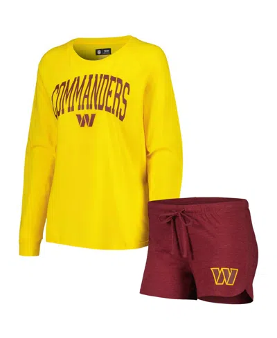Concepts Sport Women's Burgundy/gold Washington Commanders Raglan Long Sleeve T-shirt Shorts Lounge Set In Burgundy,gold