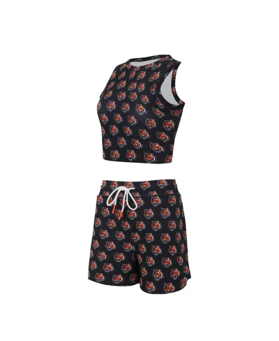 Concepts Sport Women's Cincinnati Bengals Gauge Allover Print Cropped Tank Top Shorts Sleep Set In Black