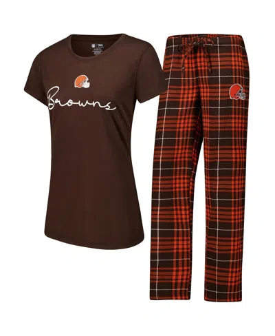 Concepts Sport Women's Cleveland Browns Vector T-shirt Flannel Pants Sleep Set In Brown,orange