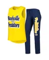 Concepts Sport Women's  Gold, Heather Navy Nashville Predators Meter Muscle Tank Top And Pants Sleep In Gold,heather Navy
