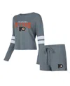 Concepts Sport Women's  Gray Distressed Philadelphia Flyers Meadowâ Long Sleeve T-shirt And Shorts Sl In Gray