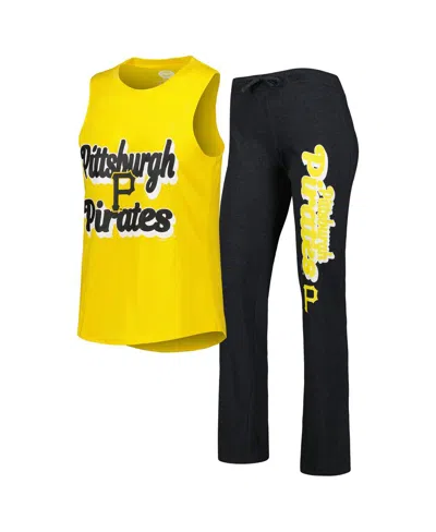CONCEPTS SPORT WOMEN'S CONCEPTS SPORT HEATHER BLACK AND GOLD PITTSBURGH PIRATES WORDMARK METER MUSCLE TANK TOP AND 