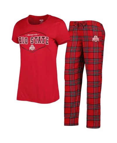 Concepts Sport Women's  Scarlet, Black Ohio State Buckeyes Badge T-shirt And Flannel Pants Sleep Set In Scarlet,black