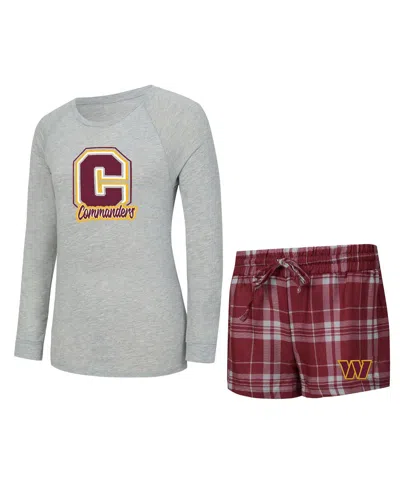 Concepts Sport Women's Heather Gray/burgundy Washington Commanders Regulate Plaid Long-sleeve T-shirt And Shorts Sl In Multi