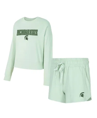 Concepts Sport Women's Light Green Michigan State Spartans Elevation Tri-blend Long Sleeve Top And Short, Set Of 2
