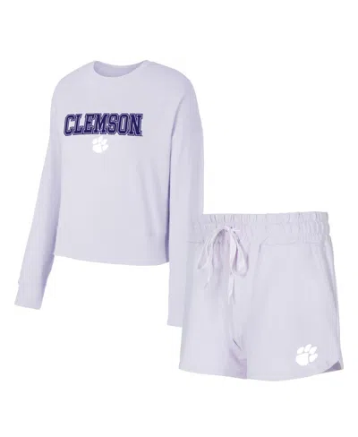 Concepts Sport Women's Light Purple Clemson Tigers Elevation Tri-blend Long Sleeve Top And Shorts Set