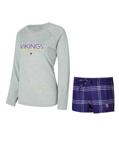 Concepts Sport Women's Minnesota Vikings Petition Raglan Long Sleeve T-shirt Shorts Set In Purple,gray