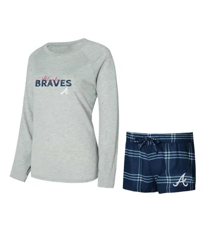 Concepts Sport Women's Navy/gray Atlanta Braves Petition Long Sleeve Top And Short Set In Navy,gray