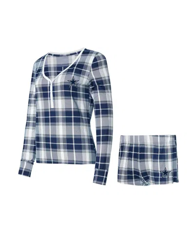Concepts Sport Women's Navy/silver Dallas Cowboys Ashford Long Sleeve V-neck Top Short Set In Blue
