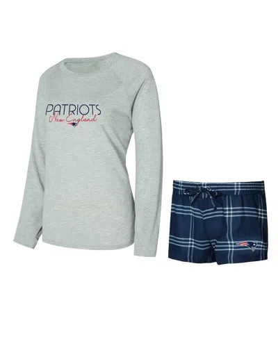Concepts Sport Women's New England Patriots Petition Raglan Long Sleeve T-shirt And Shorts Set In Navy,gray