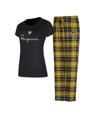 Concepts Sport Women's Pittsburgh Penguins Vector T-shirt And Pants Sleep Set In Black,gold