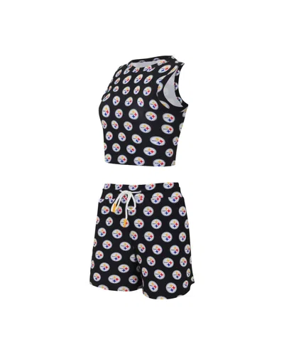 Concepts Sport Women's Pittsburgh Steelers Gauge Allover Print Cropped Tank Top Shorts Sleep Set In Black