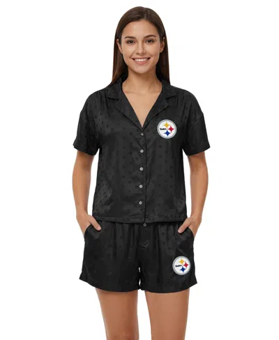 Concepts Sport Women's Pittsburgh Steelers Wink Dot Satin-jacquard Polka-dot Shirt And Shorts Set In Black