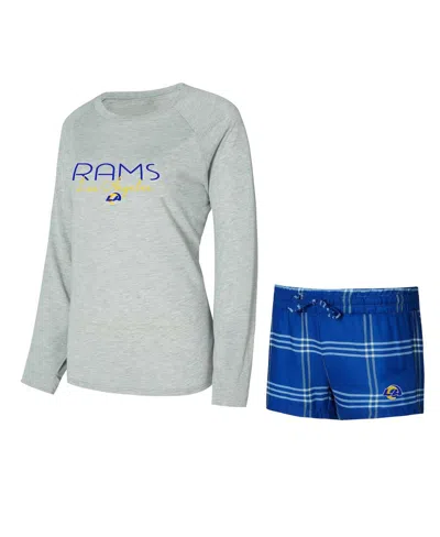 Concepts Sport Women's Royal/gray Los Angeles Rams Petition Raglan Long Sleeve Top And Shorts Set In Multi