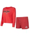 Concepts Sport Women's Scarlet/red Ohio State Buckeyes Team Color Long Sleeve T-shirt Shorts Set In Scarlet,red