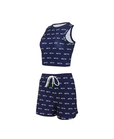 Concepts Sport Women's Seattle Seahawks Gauge Allover Print Cropped Tank Top Shorts Sleep Set In Blue