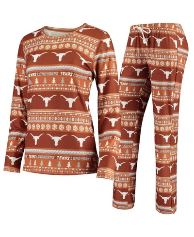 Concepts Sport Women's Texas Orange Texas Longhorns Holiday Long Sleeve Top Pants Sleep Set In Brown