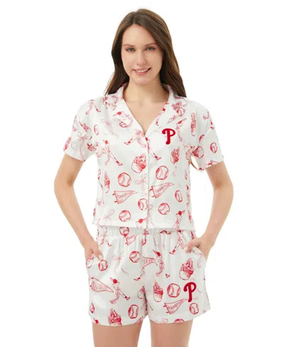 Concepts Sport Women's White Philadelphia Phillies Hilton Satin Allover Print Button-up Shirt Shorts Set In Neutral