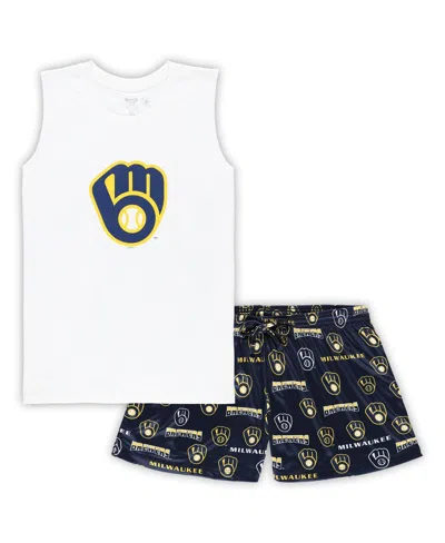 Concepts Sport Women's White/navy Milwaukee Brewers Plus Size Tank Top Shorts Sleep Set In White,navy