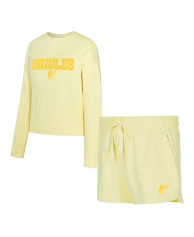 Concepts Sport Women'sâ Yellow Baltimore Orioles Elevation Tri-blend Long Sleeve Top And Shorts Set