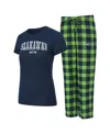 Concepts Sport Women'sâ 2-piece College Navy/neon Green Seattle Seahawks Avondale T-shirt And Pants Flannel Pj Set In Multi
