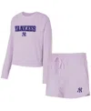 CONCEPTS SPORT WOMEN'SÂ 3-PIECE LAVENDER NEW YORK YANKEES ELEVATION TRI-BLEND LONG SLEEVE T-SHIRT AND SHORTS SET