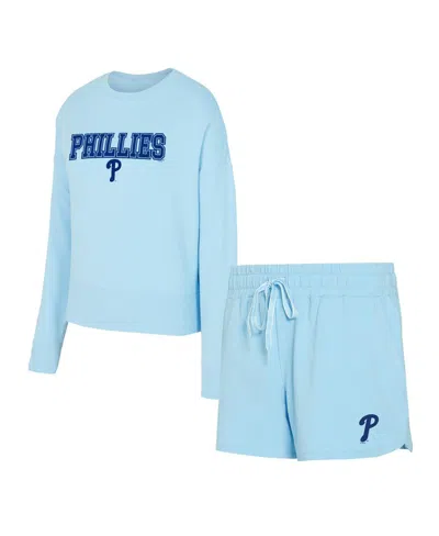 Concepts Sport Women'sâ 3-piece Light Blue Philadelphia Phillies Elevation Tri-blend Long Sleeve T-shirt And Shorts