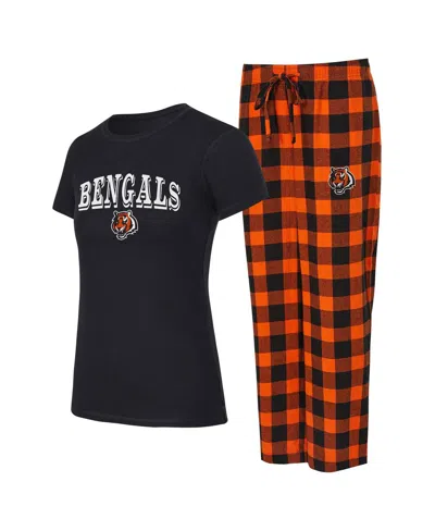 Concepts Sport Women'sâ Black, Orange Cincinnati Bengals Avondale T-shirt Pants Flannel Pj Set In Multi