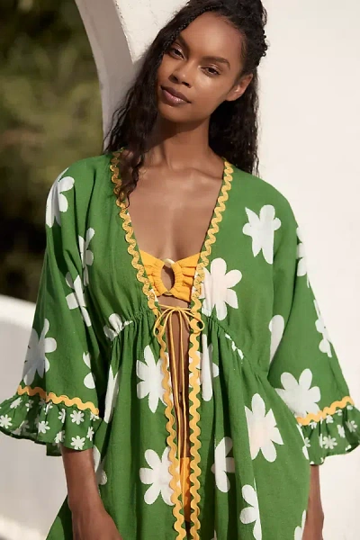 Conditions Apply Tie-front Cotton-linen Shawl Jacket In Green