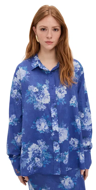Coniglio Palm Beach Classic Button Down Brushstroke Floral Misty Blue