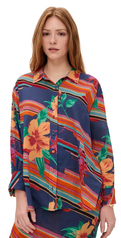 Coniglio Palm Beach Classic Button Down Hibiscus Stripe Navy Multi
