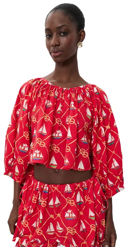 Coniglio Palm Beach Cropped Shirred Half Placket Blouse Sailing Knots Captain Red