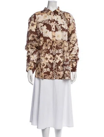 Pre-owned Coniglio Palm Beach Floral Print Long Sleeve Button-up Top W/ Tags In Brown