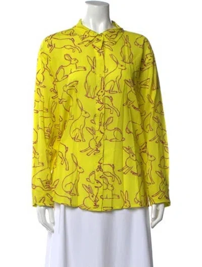 Pre-owned Coniglio Palm Beach Graphic Print Long Sleeve Button-up Top In Yellow