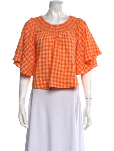 Pre-owned Coniglio Palm Beach Plaid Print Off-the-shoulder Top In Orange