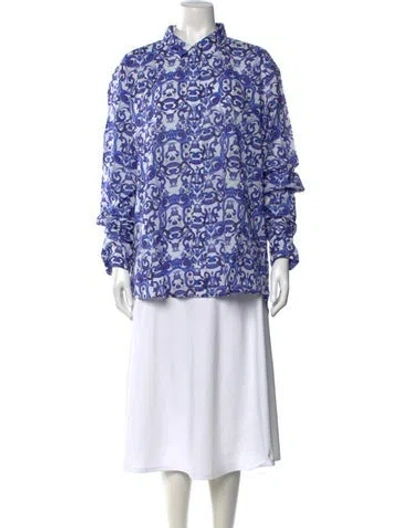 Pre-owned Coniglio Palm Beach Printed Long Sleeve Button-up Top W/ Tags In Blue/white
