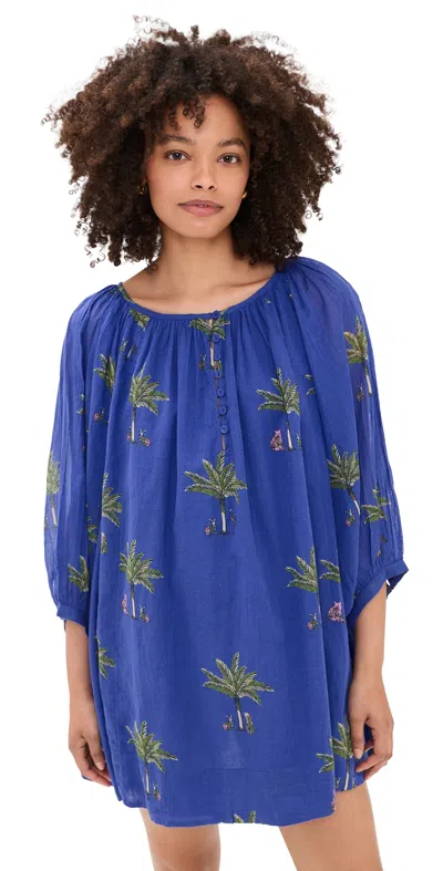 Coniglio Palm Beach Shirred Half Placket Mini Dress Petit Palm Deep Periwinkle In Blue