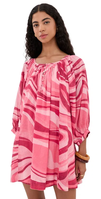 Coniglio Palm Beach Shirred Half Placket Mini Dress Sunrays Sunset Waves In Multi